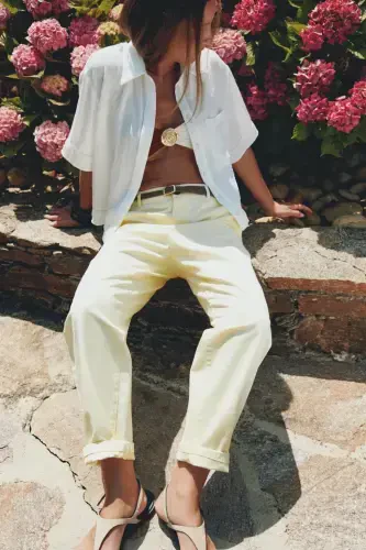 KNITTED BELT CHINO PANTS-Yellow - 4