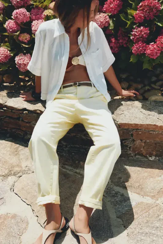 KNITTED BELT CHINO PANTS-Yellow - 4