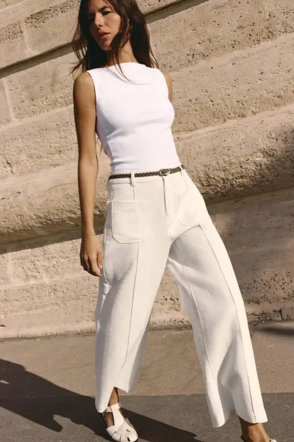 Knitted Belted Culotte Pants - Ecru - 3