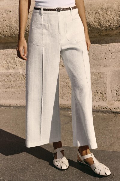 Knitted Belted Culotte Pants - Ecru - 5