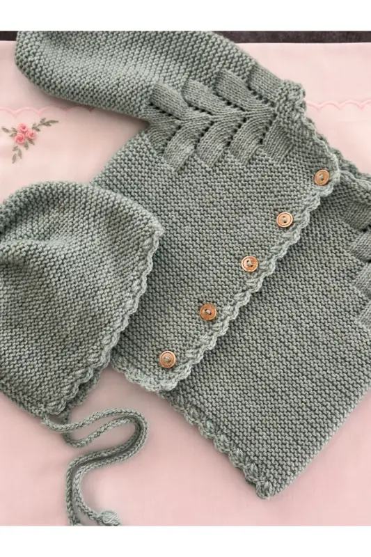 Knitted Cable Knit Baby Cardigan And Hat Set - Hand Knit -Sea Green - FLORIJEE