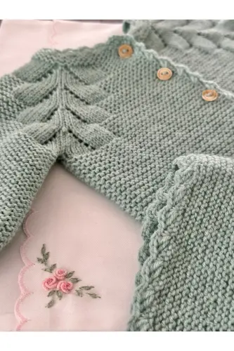 Knitted Cable Knit Baby Cardigan And Hat Set - Hand Knit -Sea Green - FLORIJEE (1)