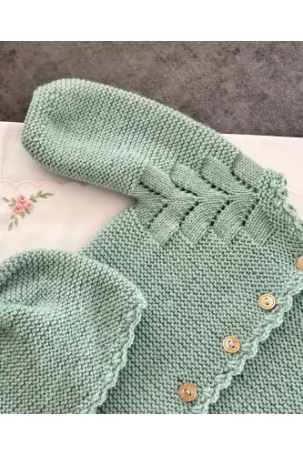 Knitted Cable Knit Baby Cardigan And Hat Set - Hand Knit -Sea Green - 3