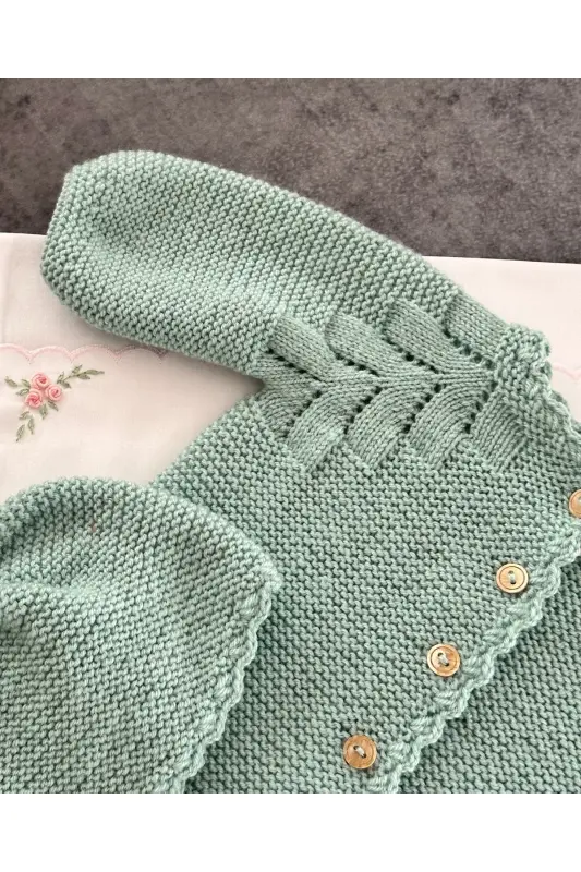 Knitted Cable Knit Baby Cardigan And Hat Set - Hand Knit -Sea Green - 3