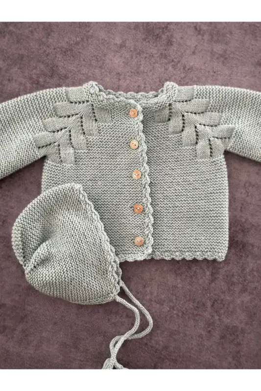Knitted Cable Knit Baby Cardigan And Hat Set - Hand Knit -Sea Green - 5