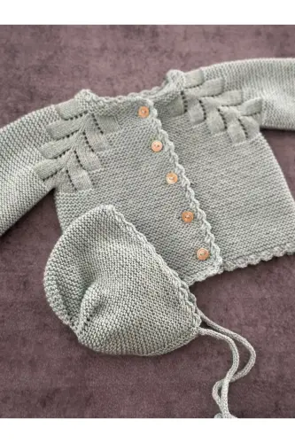 Knitted Cable Knit Baby Cardigan And Hat Set - Hand Knit -Sea Green - 6