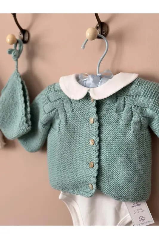 Knitted Cable Knit Baby Cardigan And Hat Set - Hand Knit -Sea Green - 7