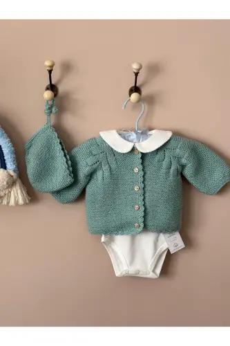 Knitted Cable Knit Baby Cardigan And Hat Set - Hand Knit -Sea Green - 8