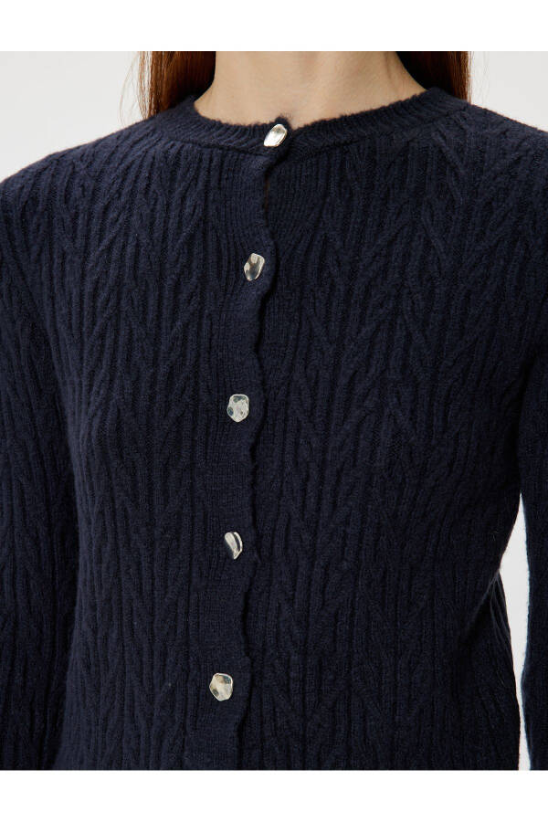 Knitted Cardigan with Buttons, Round Neck, Long Sleeves, Textured - 11