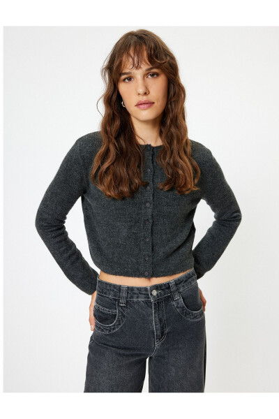 Knitted Cardigan with Round Neck and Buttons, Long Sleeves - 1