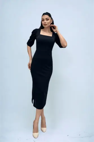 Knitted Crepe Fabric Square Neck Slit Dress - BLACK - 2