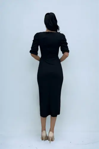 Knitted Crepe Fabric Square Neck Slit Dress - BLACK - 5