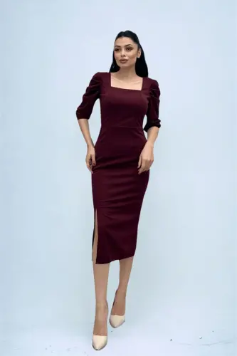 Örme Krep Kumaş Kare Yaka Yırtmaçlı Elbise - BORDO - 4