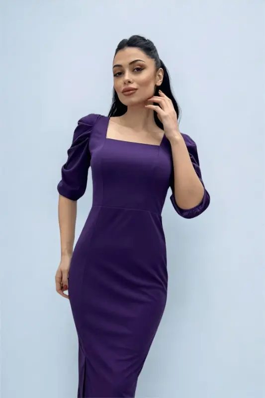 Knitted Crepe Fabric Square Neck Slit Dress - EGGPLANT PURPLE - BÜYÜKBEDENIZ