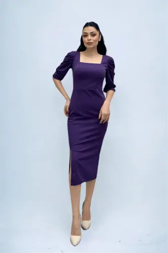 Knitted Crepe Fabric Square Neck Slit Dress - EGGPLANT PURPLE - BÜYÜKBEDENIZ (1)