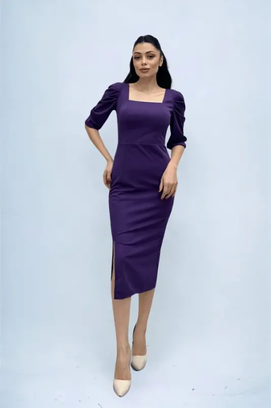 Knitted Crepe Fabric Square Neck Slit Dress - EGGPLANT PURPLE - 2