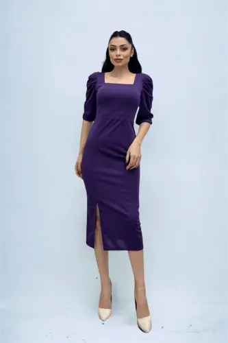 Knitted Crepe Fabric Square Neck Slit Dress - EGGPLANT PURPLE - 4