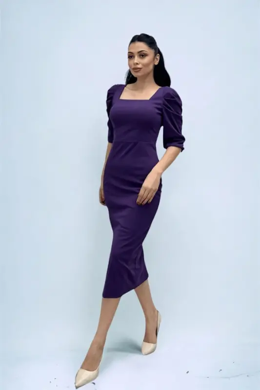 Knitted Crepe Fabric Square Neck Slit Dress - EGGPLANT PURPLE - 5