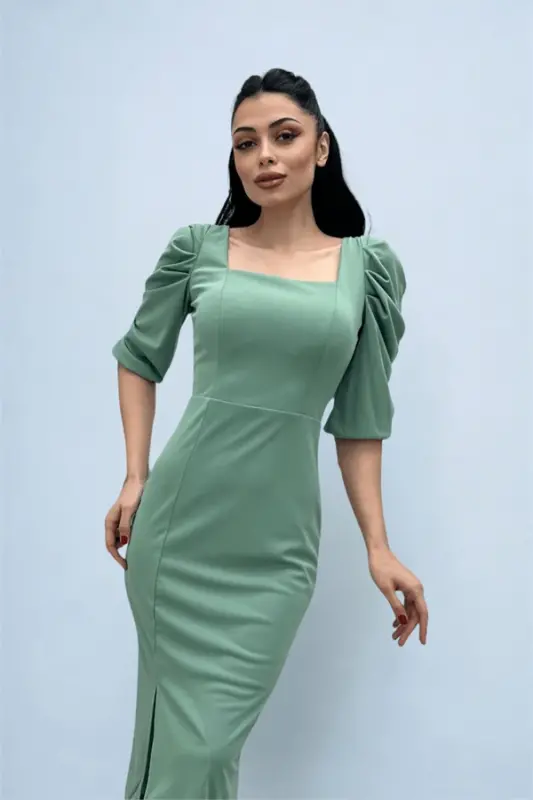 Knitted Crepe Fabric Square Neck Slit Dress - MINT GREEN - 1