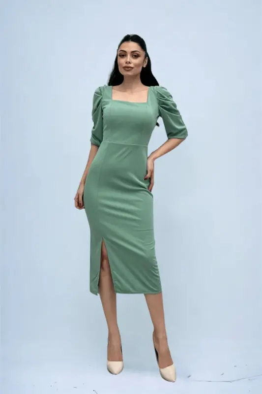 Knitted Crepe Fabric Square Neck Slit Dress - MINT GREEN - 2