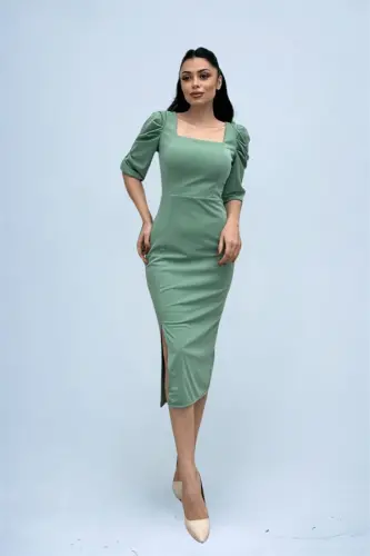 Knitted Crepe Fabric Square Neck Slit Dress - MINT GREEN - 4