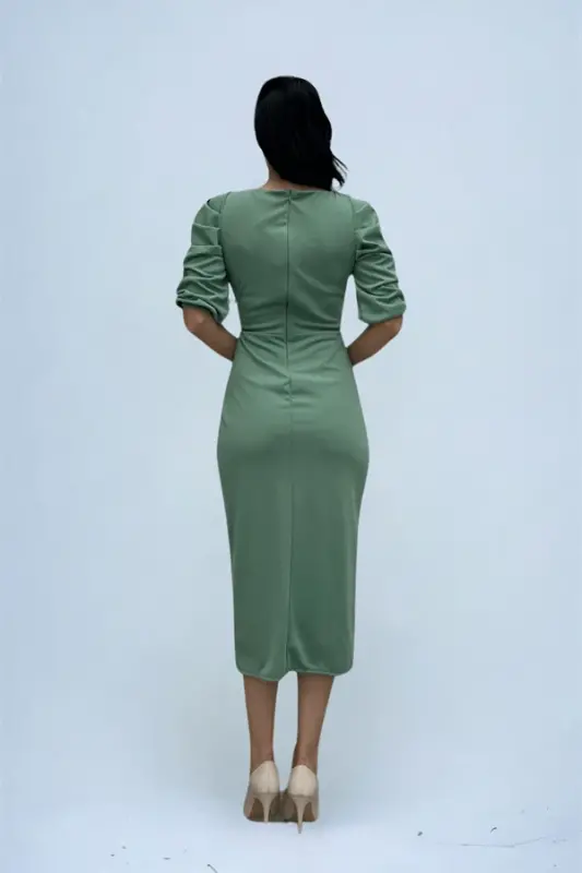 Knitted Crepe Fabric Square Neck Slit Dress - MINT GREEN - 5