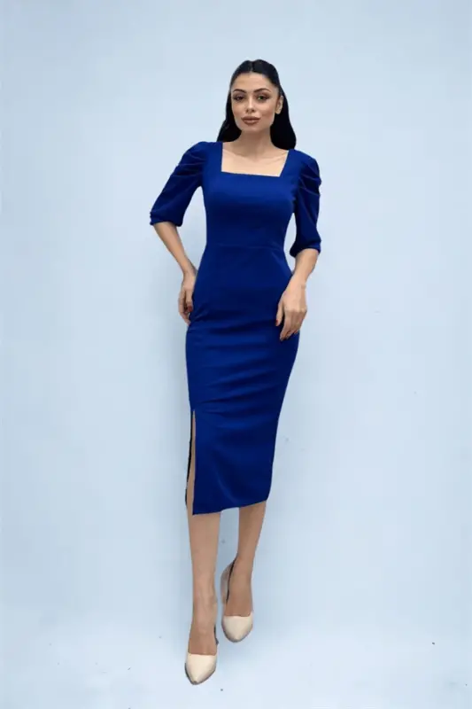 Knitted Crepe Fabric Square Neck Slit Dress - SAXE BLUE - 2