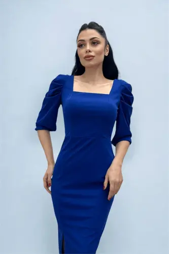 Knitted Crepe Fabric Square Neck Slit Dress - SAXE BLUE - 3