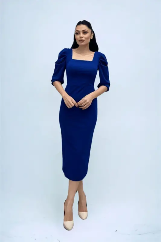 Knitted Crepe Fabric Square Neck Slit Dress - SAXE BLUE - 4