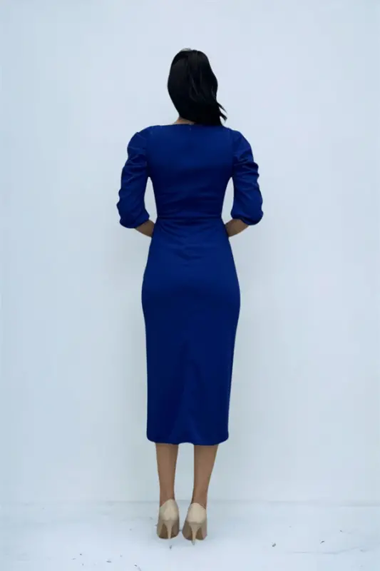 Knitted Crepe Fabric Square Neck Slit Dress - SAXE BLUE - 5
