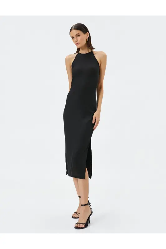 Knitted Dress Midi Halter Neck Slit - 2