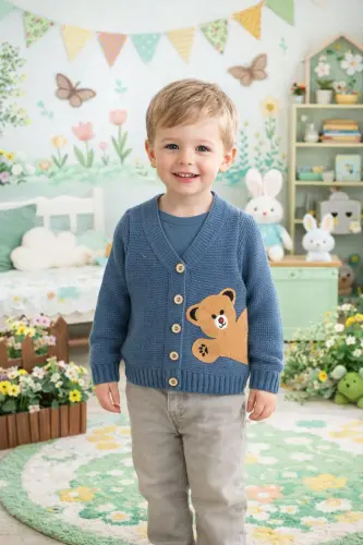 Knitted Girls Boys Baby Bear Figure Buttoned Cardigan - Indigo 