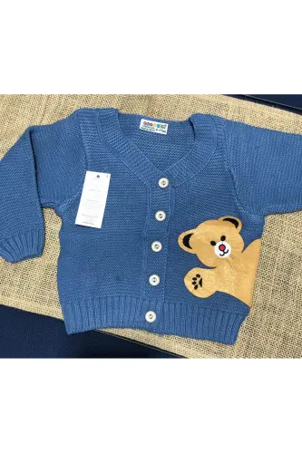 Knitted Girls Boys Baby Bear Figure Buttoned Cardigan - Indigo - 2