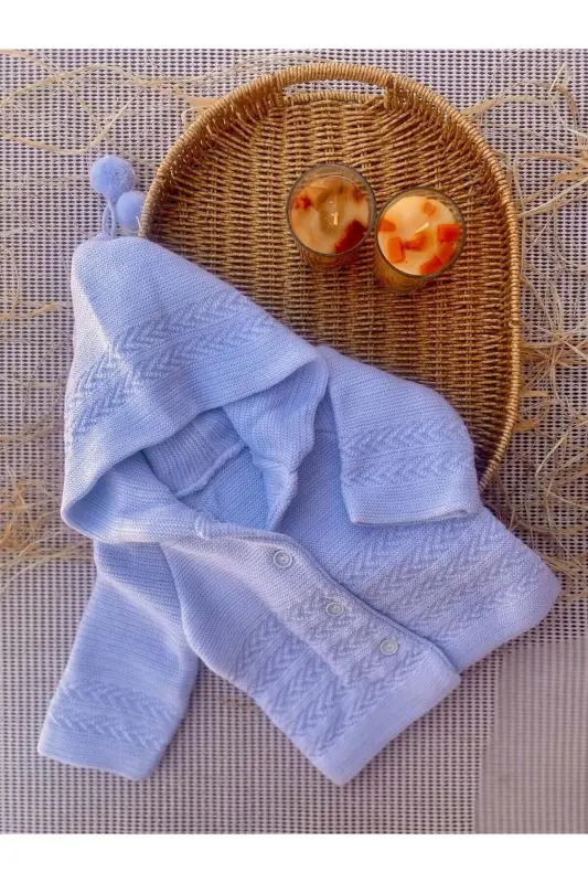 Knitted Hooded Double Layered Girl - Boy Baby Cardigan 12352-BLUE - MYZİ STORE
