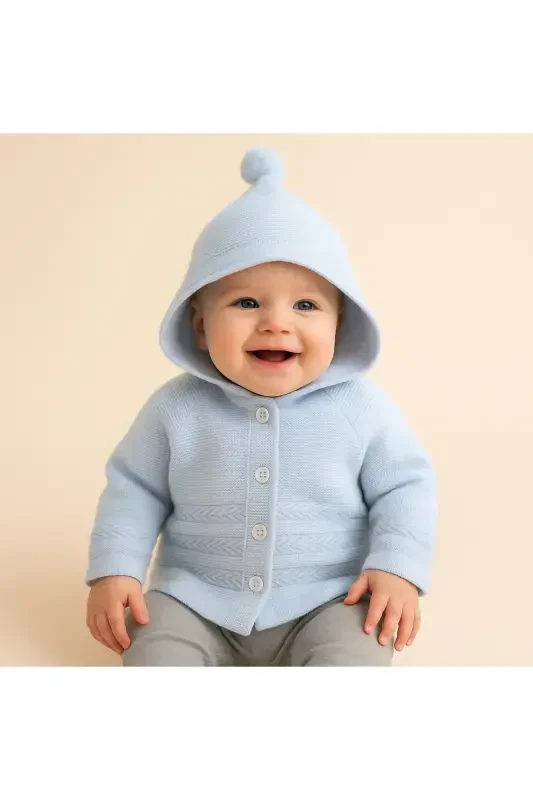 Knitted Hooded Double Layered Girl - Boy Baby Cardigan 12352-BLUE - 5