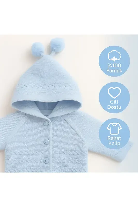 Knitted Hooded Double Layered Girl - Boy Baby Cardigan 12352-BLUE - 6