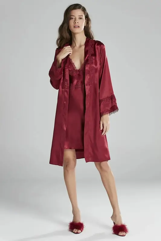 Knitted Nightgown Robe Pajama Set Shorts Set 6-Piece Dowry Set -5965-Burgundy - 3