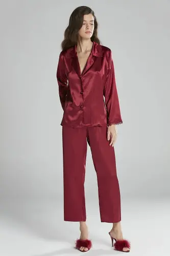 Knitted Nightgown Robe Pajama Set Shorts Set 6-Piece Dowry Set -5965-Burgundy - 4