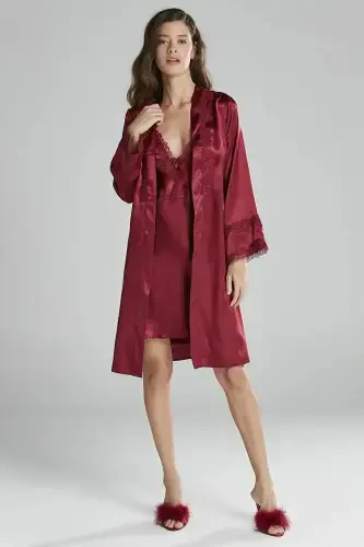 Knitted Nightgown Robe Pajama Set Shorts Set 6-Piece Dowry Set -5965-Burgundy - 3