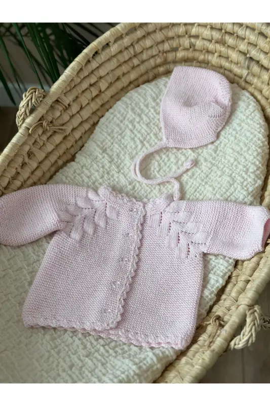 Knitted Openwork Baby Cardigan and Hat Set - Hand Knitted - Pink - 2