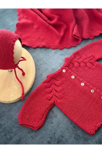 Knitted Openwork Baby Cardigan and Hat Set - Hand Knitted - Red 