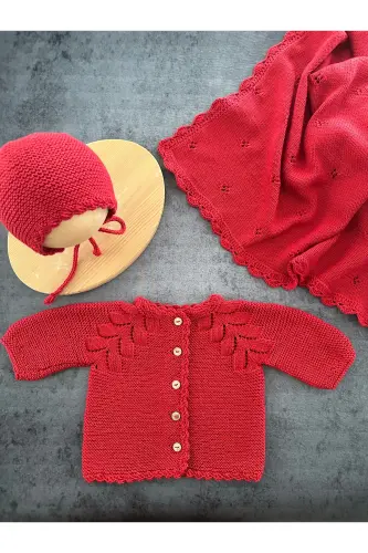 Knitted Openwork Baby Cardigan and Hat Set - Hand Knitted - Red - 3