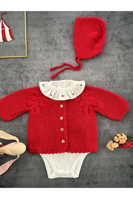 Knitted Openwork Baby Cardigan and Hat Set - Hand Knitted - Red - 5