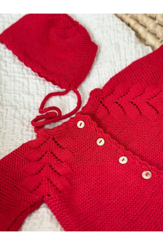 Knitted Openwork Baby Cardigan and Hat Set - Hand Knitted - Red - 7