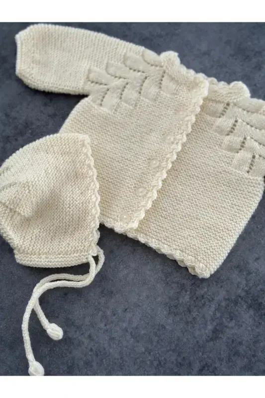 Knitted Openwork Baby Cardigan and Hat Set - Hand Knitted - Yellow - 1