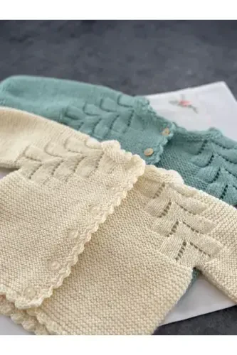 Knitted Openwork Baby Cardigan and Hat Set - Hand Knitted - Yellow - 3