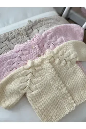 Knitted Openwork Baby Cardigan and Hat Set - Hand Knitted - Yellow - 4