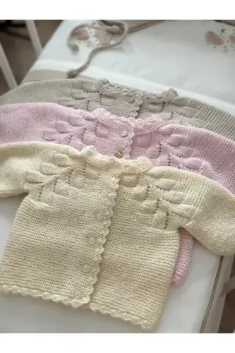 Knitted Openwork Baby Cardigan and Hat Set - Hand Knitted - Yellow - 5