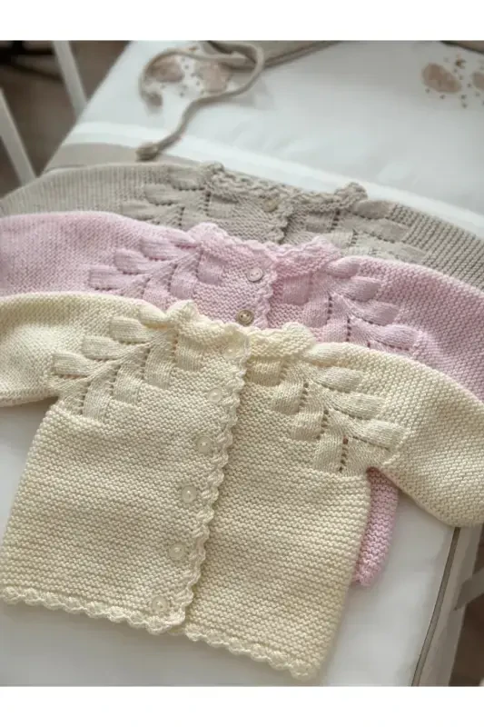 Knitted Openwork Baby Cardigan and Hat Set - Hand Knitted - Yellow - 5