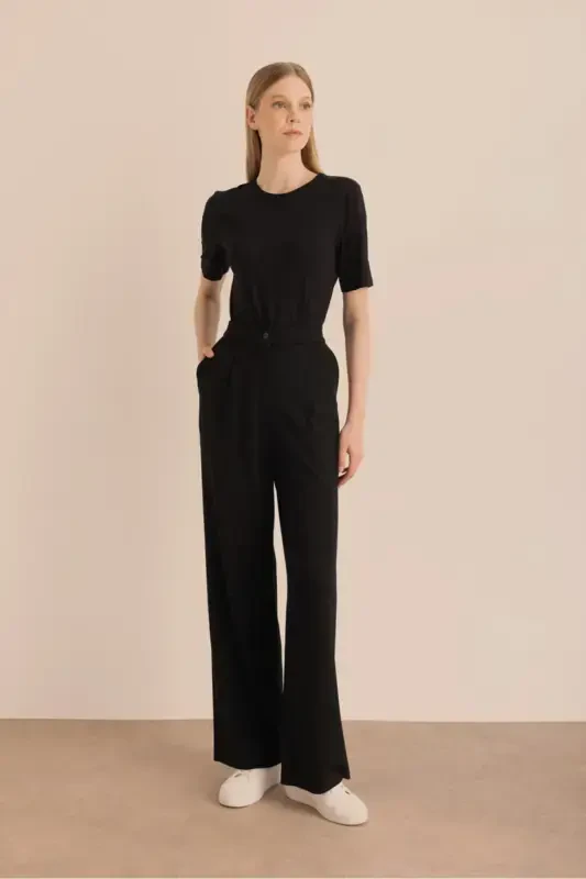 Knitted Palazzo Pants-Black - 2